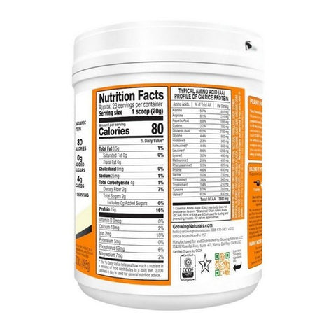 Growing Naturals, Organic Rice Protein Powder Vanilla Blast, Vanilla Blast 16.4 oz