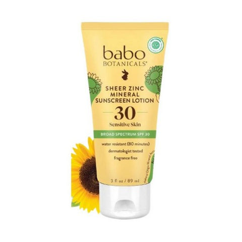 Babo Botanicals, Sheer Zinc Mineral Sunscreen Lotion Sensitive Skin Spf 30 Fragrance Free, 3 Oz