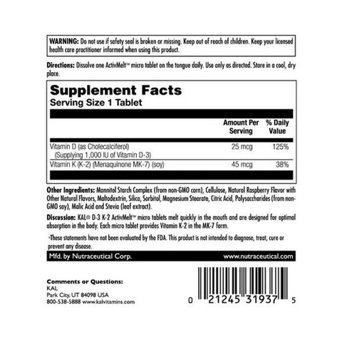 Kal, D-3 K-2 ActivMelt, 1,000 IU, Red Raspberry 60 Tabs