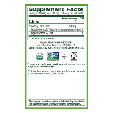 Traditional Medicinals, Organic Green Tea Matcha with Toasted Rice, 16 Bags