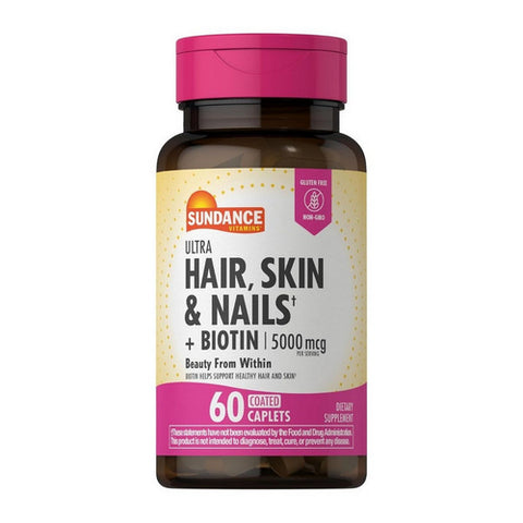 Sundance, Ultra Hair - Skin & Nails + Biotin Coated Caplets, 5000 mcg, 60 Tabs