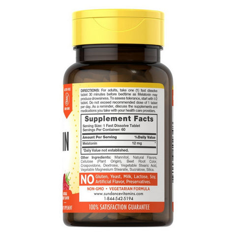 Sundance, Max Melatonin Tablets Natural Berry Flavor, 12 mg, 60 Tabs