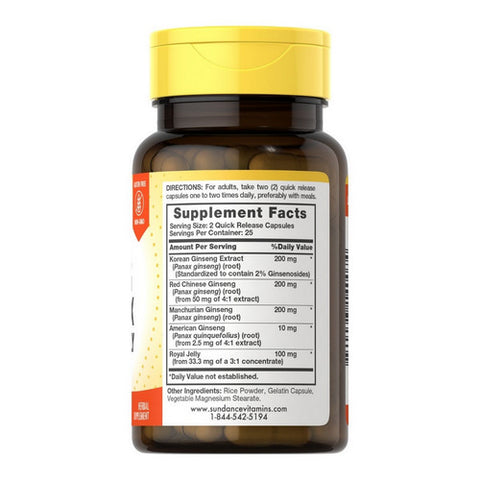 Sundance, Vitamins Super Ginseng Complex Plus Royal Jelly Quick Release Capsules, 50 Caps
