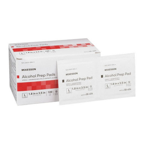 McKesson, Alcohol Prep Pad McKesson Isopropyl Alcohol, 70% Individual Packet Large , 1.8 X 3.5 Inch Sterile, Box Of 100 McKesson
