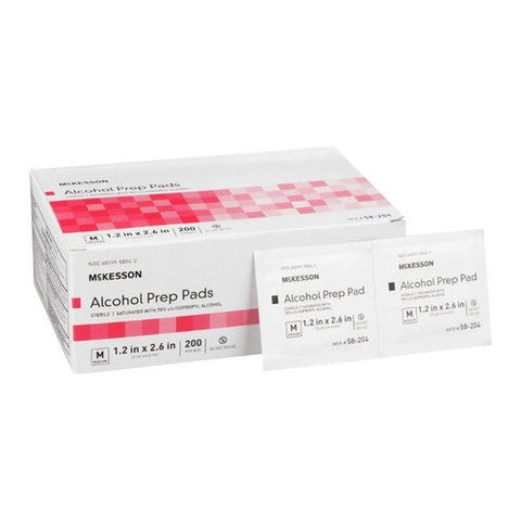 McKesson, Alcohol Prep Pad McKesson Isopropyl Alcohol, 70% Individual Packet Medium , 1.2 X 2 - 3/5 inch Steri, Box Of 200 McKesson