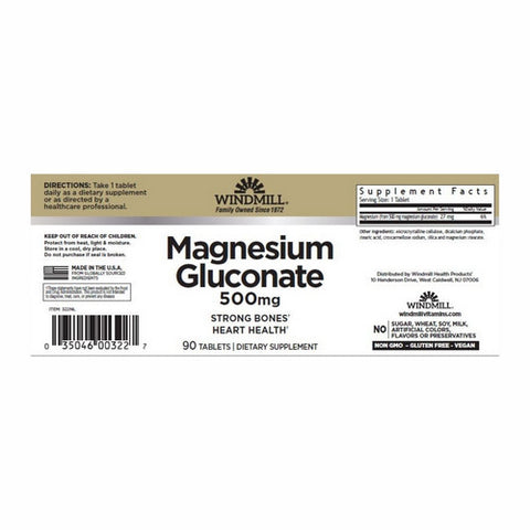 Windmill Health, Magnesium Gluconate, 500 mg, 90 Tabs