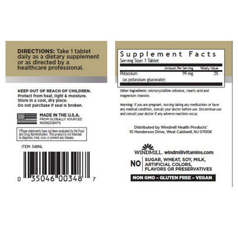 Windmill Health, Potassium As Gluconate, 99mg, 100 Tabs