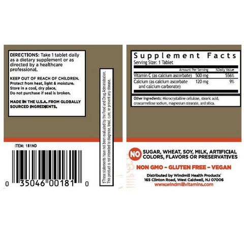 Windmill Health, Vitamin C Non-Acid, 500mg, 60 Tabs