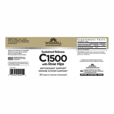 Windmill Health, Vitamin C with Rose Hips, 1500mg, 60 Tabs