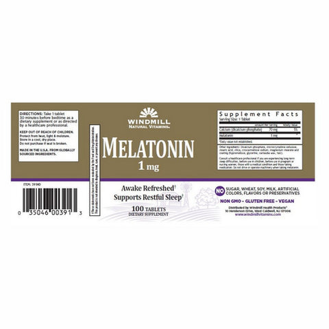 Windmill Health, Melatonin, 1mg, 100 Tabs