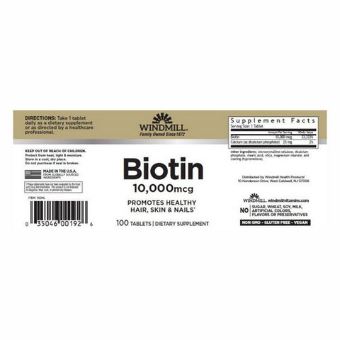 Windmill Health, Biotin, 10000mcg, 100 Tabs