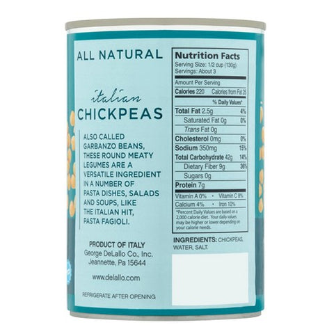 Delallo, Bean Chick Peas, 14 Oz(Case Of 12)