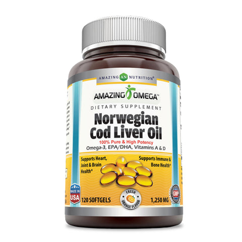 Amazing Nutrition, Amazing Omega Norwegian Cod Liver Oil Orange, 1250 mg, 120 Softgels