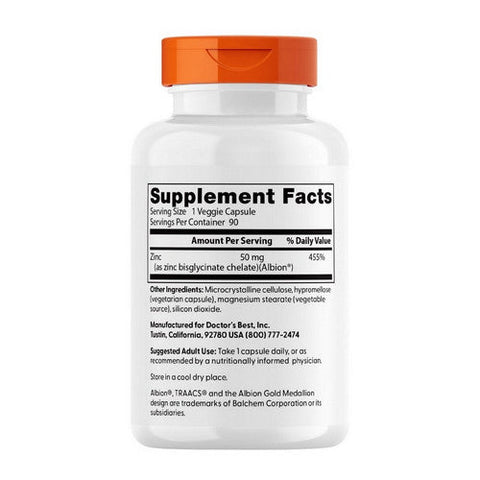 Doctors Best, High Absorption Zinc Bisglycinate 100% Chelated, 50 mg, 90 Veggie Caps Doctors Best