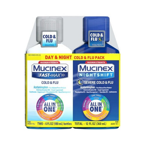 Mucinex, Fast-Max Day Time & Night Time Cold & Flu Liquid Maximum Strength, 12 Oz Mucinex
