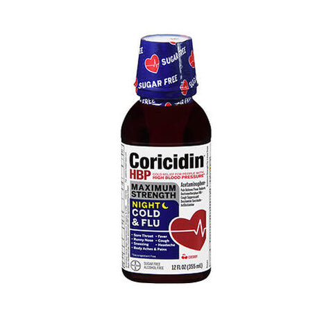 Coricidin Hbp, Nighttime Cold & Flu Liquid Maximum Strength Cherry Flavor, 12 Oz