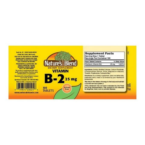 Nature's Blend, Vitamin B-2, 25 mg, 100 Tabs
