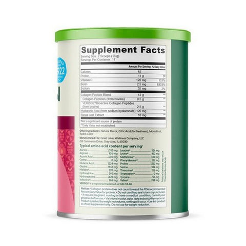 Great Lakes Wellness, Collagen Peptides Daily Beauty Raspberry Lemonade, 8 Oz