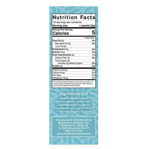 Maitake Mushroom Wisdom, Matcha Lion's Mane Extract Sticks, 10 Count