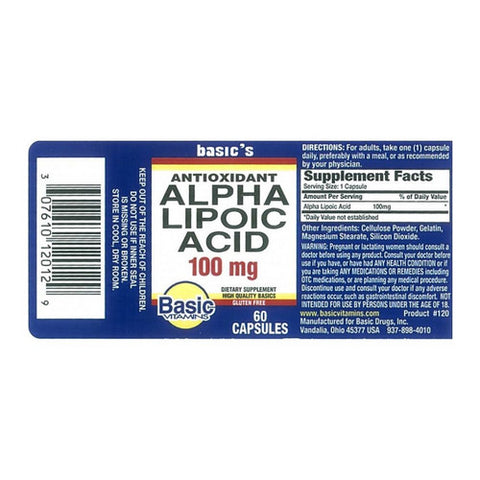 Basic Vitamins, Alpha Lipoic Acid, 100 Mg, 60 Caps