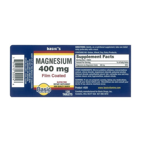 Basic Vitamins, Magnesium Oxide, 400 Mg, 120 Tabs