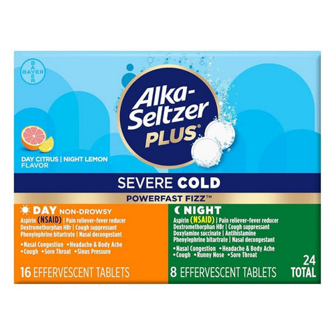 Alka-Seltzer, Severe Cold Day Plus Night Power Fast Fizz Citrus and Lemon, 24 Tabs