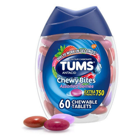 Tums, Chewy Bites Extra Strength 750 Antacid Chewable Tablets Assorted Berries, 60 Tablets Tums