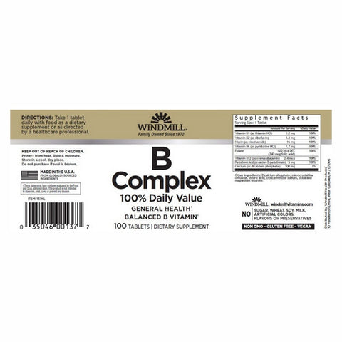 Windmill Health, B Complex 100% Daily Value, 100 Tablets
