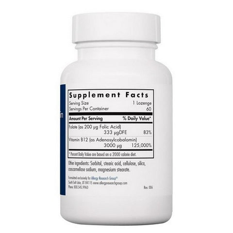 Nutricology/ Allergy Research Group, B12 AdenosylcobalaminWith Folic Acid, 3000 Mcg, 60 Lozenges