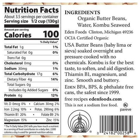 Eden Foods, Organic Butter Beans Baby Lima, 15 Oz (Case Of 12) Eden Foods