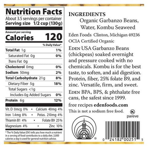 Eden Foods, Organic Garbanzo Beans Chickpeas, 15 Oz (Case Of 12) Eden Foods