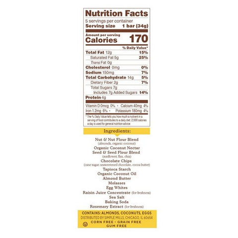 Simple Mills, Soft Baked Almond Flour Bars Chocolate Brownie, 5.99 Oz (Case Of 6)