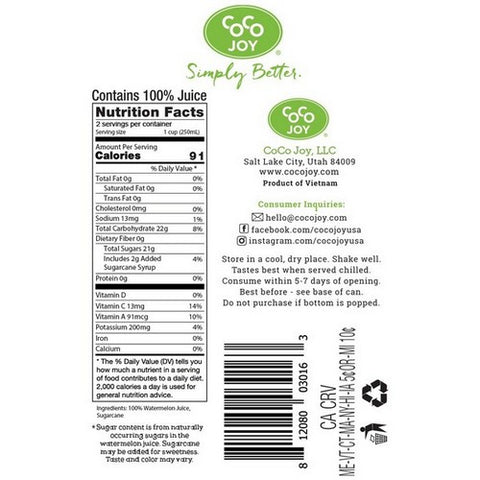 Coco Joy, Watermelon Juice, 16.9 Oz(Case Of 12)