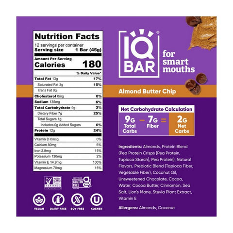 IQ Bar, Almond Butter Chip Bar, 1.6 Oz(Case Of 12)