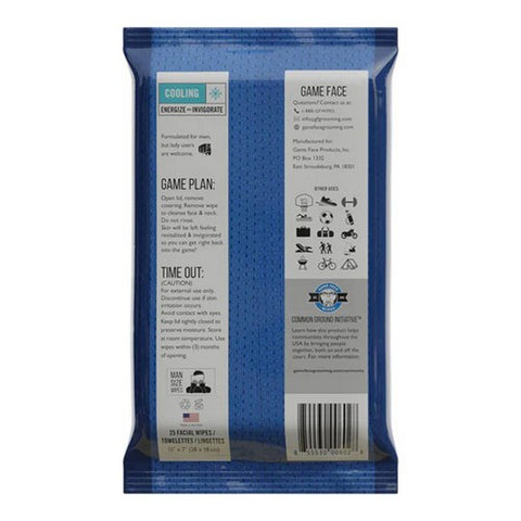 Game Face, Energize Mens Athletic Cooling Facial Wipes, 25 Count