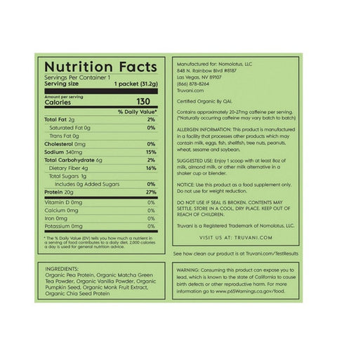 Truvani, Organic Plant Protein Matcha, 11 Oz