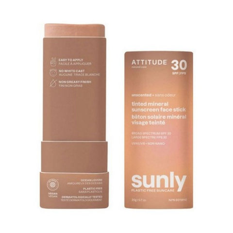 Attitude, Tinted Mineral Sunscreen Face Stick SPF 30 Sunly Plastic Free Unscented, 0.7 Oz
