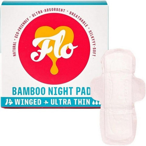 FLO, Bamboo Night Pads Winged Ultra Thin, 14 Count (Case of 8)