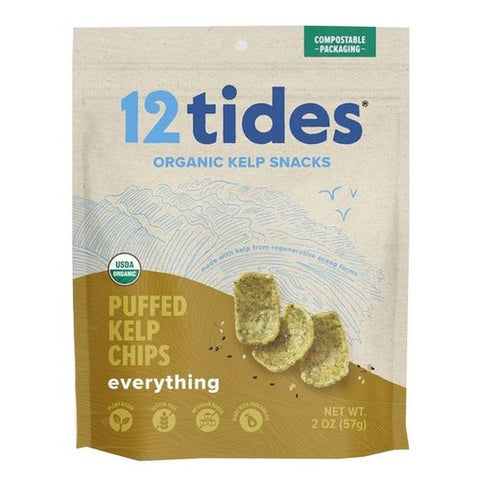 12 Tides, Organic Puffed Kelp Chips Everything Pouch, 2 Oz (Case of 8)