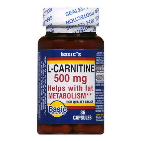 Basic Vitamins, L-Caranitine, 500 Mg, 36 Capsules Basic Vitamins