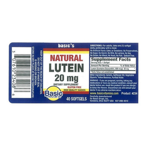 Basic Vitamins, Natural Lutein, 20 Mg, 40 Softgels