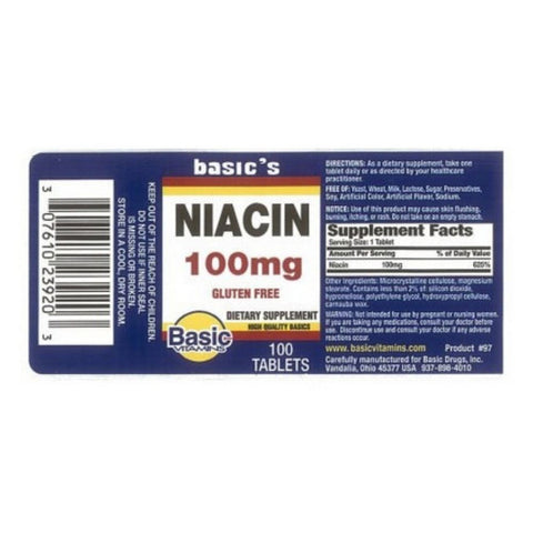 Basic Vitamins, Niacin, 100 Mg, 100 Tablets