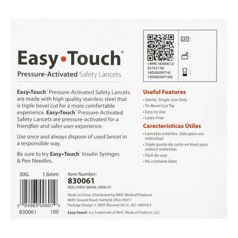 Easy Touch, Pressure-Activated Safety Lancets 30 Gauge 1.6 Mm, 100 Count Easy Touch