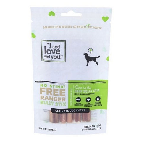 I And Love And You, Dog Chews No Stink Free Ranger Bully Stix Beef, 5 Count (Case Of 6)
