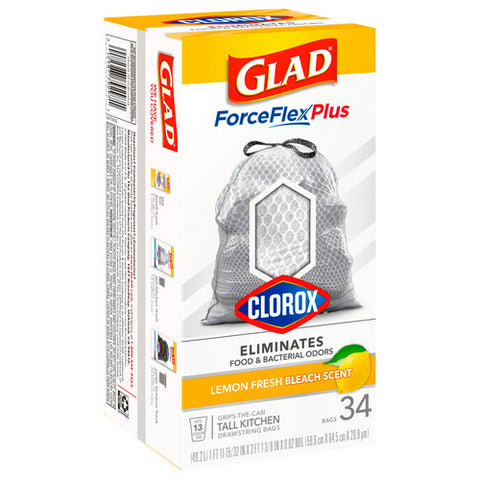 Drawstring Kitchen Bags Forceflex Plus Tall Lemon Fresh Bleach Scent 34 Count (Case Of 6) by Glad