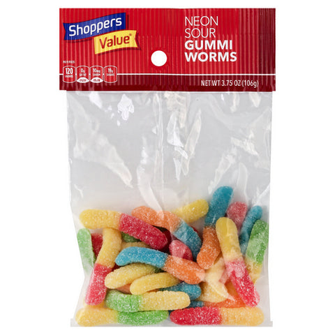 Shoppers Value, Neon Sour Gummy Worms, 3.75 Oz (Case Of 12)