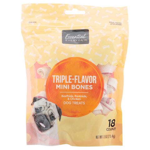 Triple Flavor Mini Bones Dog Treat 18 Count (Case Of 3) by Essential Everyday
