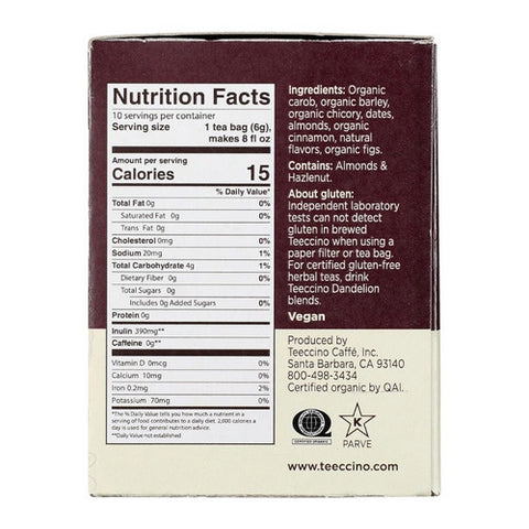 Teeccino, Snickerdoodle Chicory Herbal Tea, 10 Bags