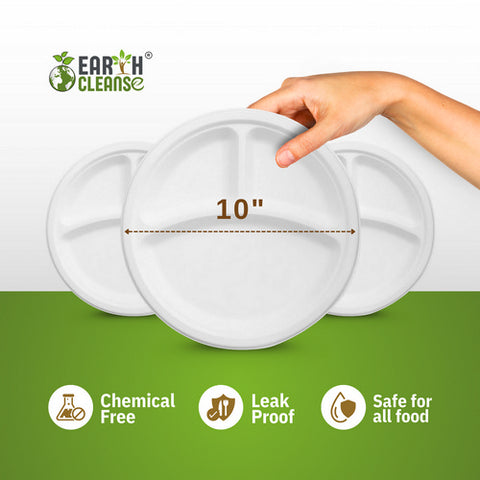 Earth Cleanse, Bagasse 10-Inch 3-Compartment Round Plates, Pack of 25