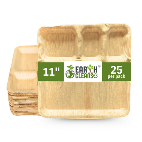Earth Cleanse, Areca Palm Leaf Square Partition Plates 11-Inch, Pack of 25